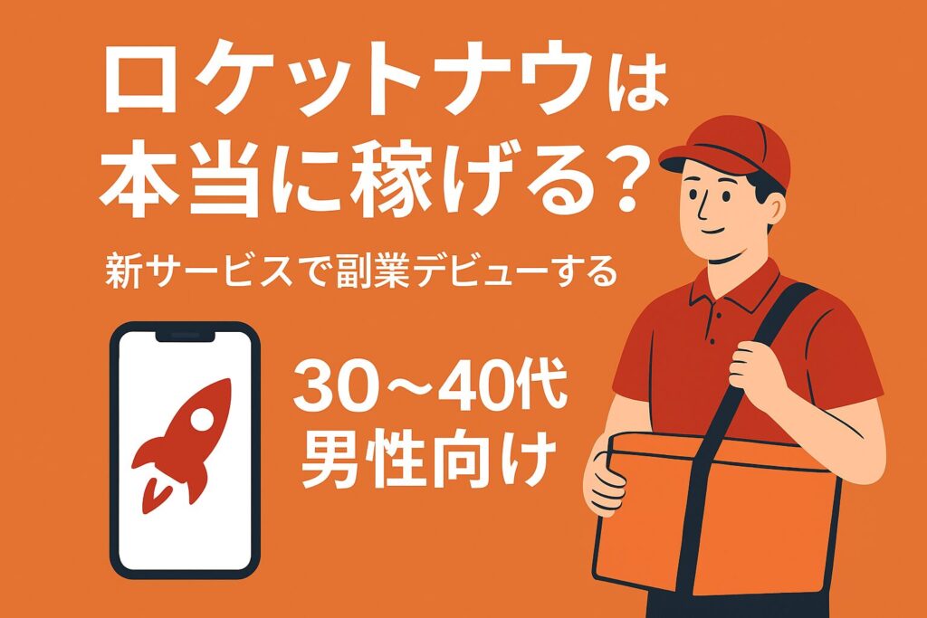 ロケットナウは本当に稼げる?新サービスで副業デビューする 30〜40代男性向け」と書かれた宣伝用画像。オレンジの背景に配達バッグを持つ男性と、ロケットアイコンを表示したスマートフォンのイラストが描かれている。