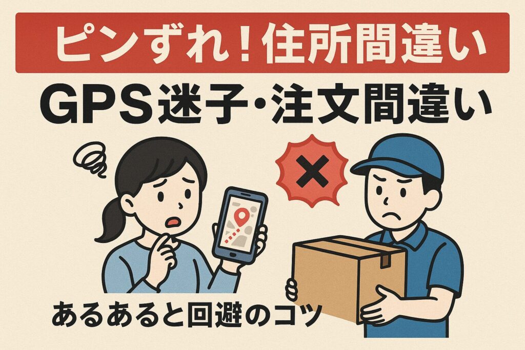 配達トラブルを表すイラスト。住所を間違えた利用者と、迷って困る配達員が描かれており、「ピンずれ！住所間違い　GPS迷子・注文間違い」と書かれた見出し。