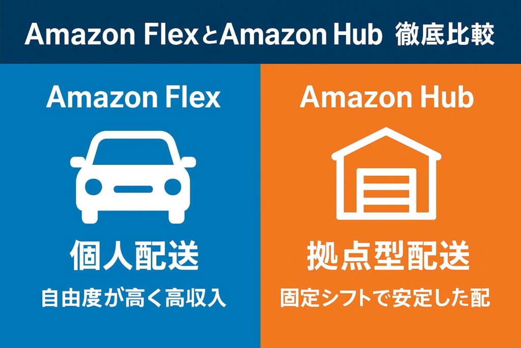 Amazon FlexとAmazon Hubを比較した図。左側は青背景で車のアイコンと「個人配送 自由度が高く高収入」、右側はオレンジ背景で倉庫のアイコンと「拠点型配送 固定シフトで安定した配達」と表示。