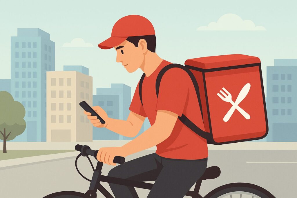 「デリバリー配達員が自転車で稼働し、スマホアプリを確認しながら配達している様子」