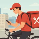 「デリバリー配達員が自転車で稼働し、スマホアプリを確認しながら配達している様子」
