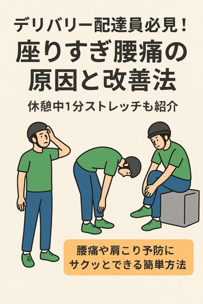「デリバリー配達員向け、座りすぎによる腰痛の原因と改善法を紹介するイラスト。配達員がストレッチをしている様子」