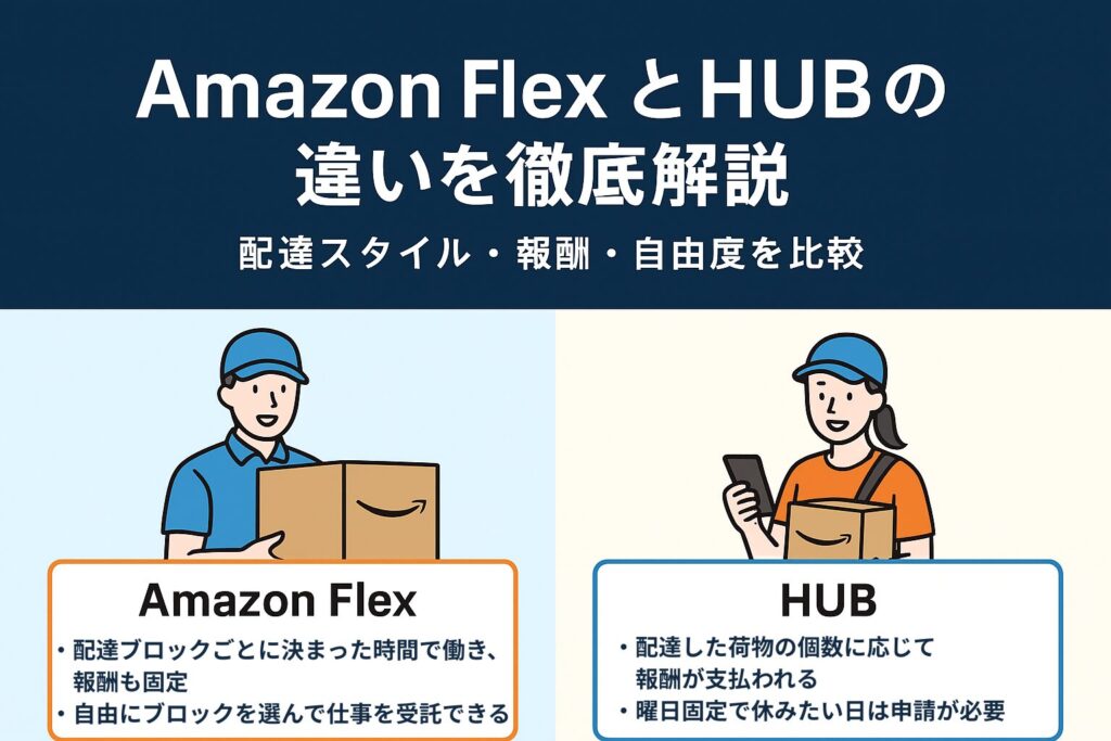 Amazon FlexとHUBの配達スタイルの違いを示すイラスト。左にFlexのブロック制配達、右にHUBの個数制配達。