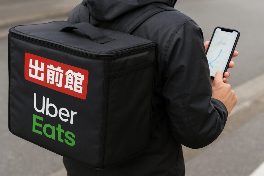 出前館とUber Eatsの配達バッグとスマホで地図アプリを表示する配達員の手元