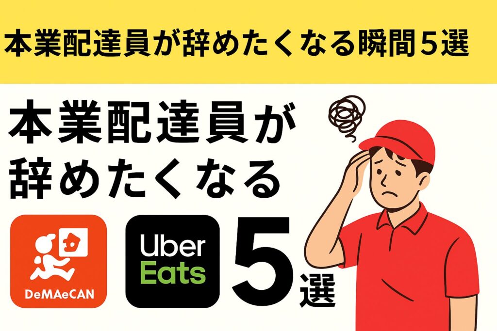 「Uber Eatsと出前館の配達員が直面する辞めたくなる瞬間を表現したイメージ|雨の日のリスク・低単価・注文者からのクレームに悩む配達員」