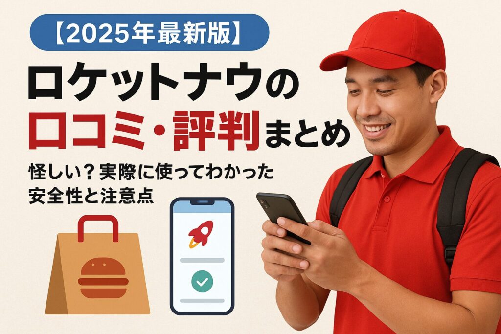 ロケットナウの口コミや評判をまとめたイメージ画像(配達員がスマホアプリで注文を確認している様子)