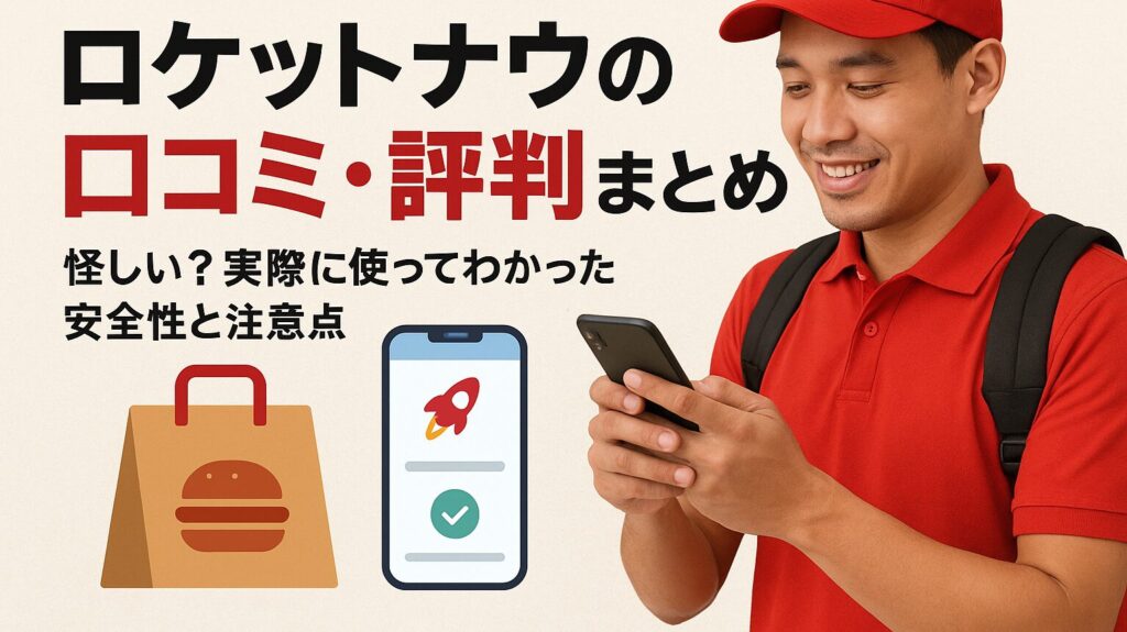 ロケットナウの口コミや評判をまとめたイメージ画像（配達員がスマホアプリで注文を確認している様子）