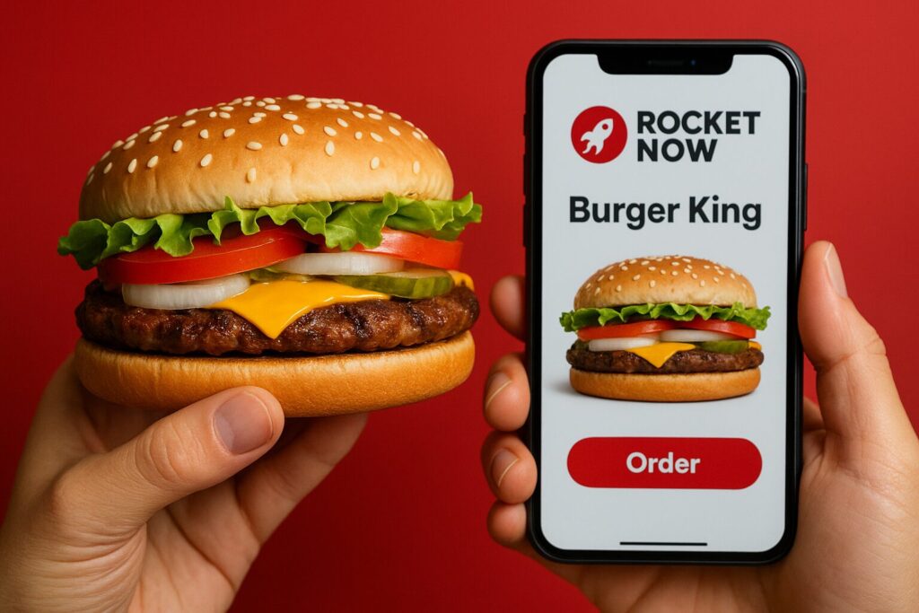 スマートフォンでロケットナウのアプリ画面を開き、バーガーキングのハンバーガーを注文している様子。手前には実際のワッパーが映っている。