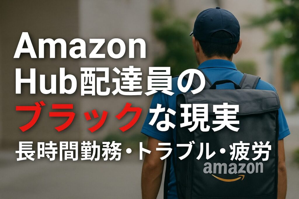 Amazon Hub配達員が長時間勤務で疲労している様子を描いたイメージ