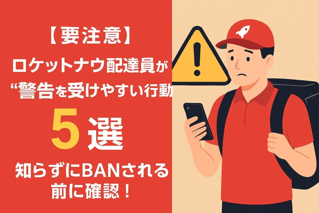 ロケットナウ配達員がスマホの地図を見ながら走行しているイラスト。警告マークと注意アイコン付きで警告をイメージ。