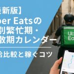 都市の路地を自転車で走る配達員とスマホ画面（Uber Eatsアプリ表示）