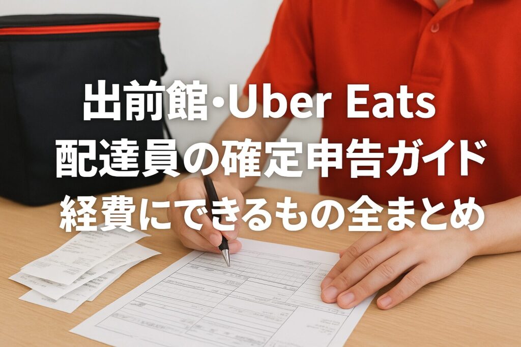 「確定申告書と領収書をまとめる出前館・Uber Eats配達員の手元」