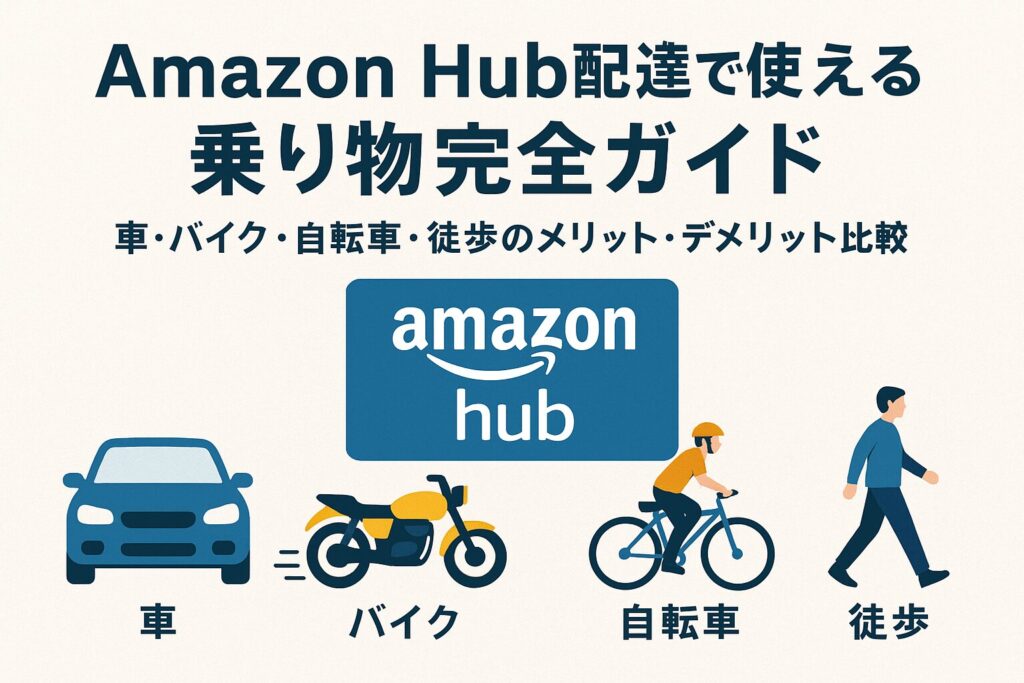 Amazon Hub配達で使える乗り物の比較ガイド（車・バイク・自転車・徒歩）を紹介する記事のアイキャッチ画像