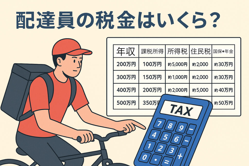 自転車で配達する配達員が税金計算をしているイメージ画像