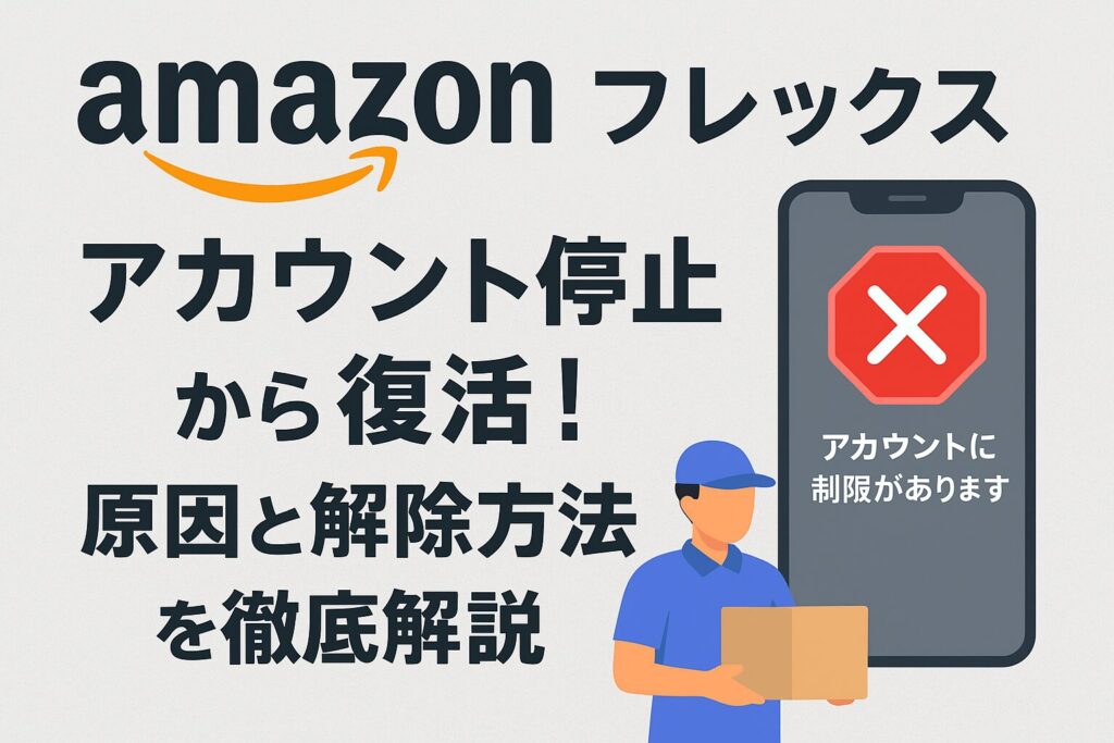 Amazonフレックスのアカウント停止から復活した体験を紹介するブログ記事のアイキャッチ画像。Amazonのロゴカラーを使い、配達員と荷物が描かれたデザイン。