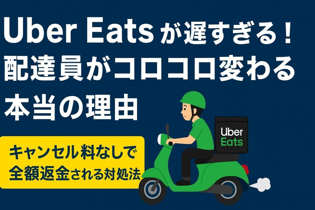 Uber Eatsの配達が遅く配達員が何度も変わっている様子。キャンセルや返金の対処法を解説する記事用画像。