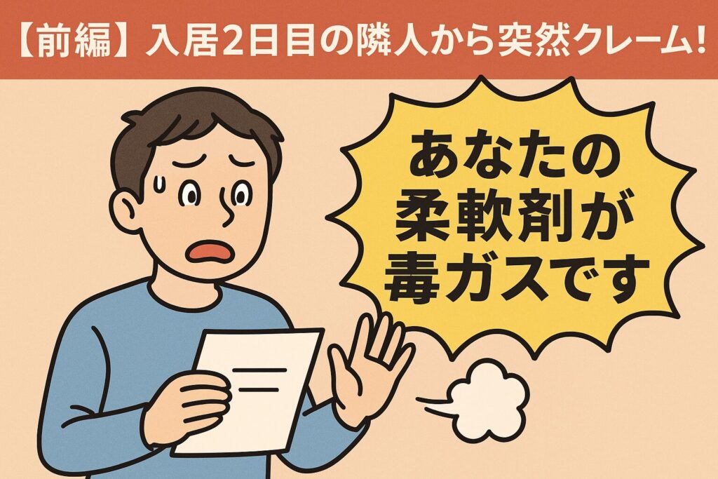 隣人からのクレーム文書を読み、驚いた表情をしている男性のイラスト。