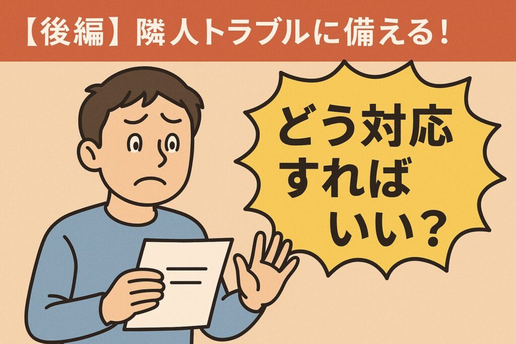クレームへの対応方法に悩む男性のイラスト。「どう対応すればいい？」という吹き出しつき。