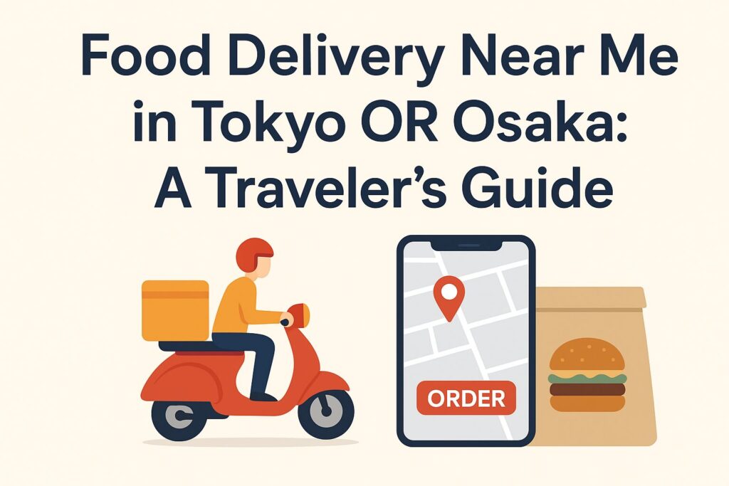 A food delivery illustration showing a scooter courier, a smartphone map with an order button, and a takeout bag, with the title “Food Delivery Near Me in Tokyo OR Osaka: A Traveler’s Guide.”