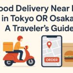 A food delivery illustration showing a scooter courier, a smartphone map with an order button, and a takeout bag, with the title “Food Delivery Near Me in Tokyo OR Osaka: A Traveler’s Guide.”