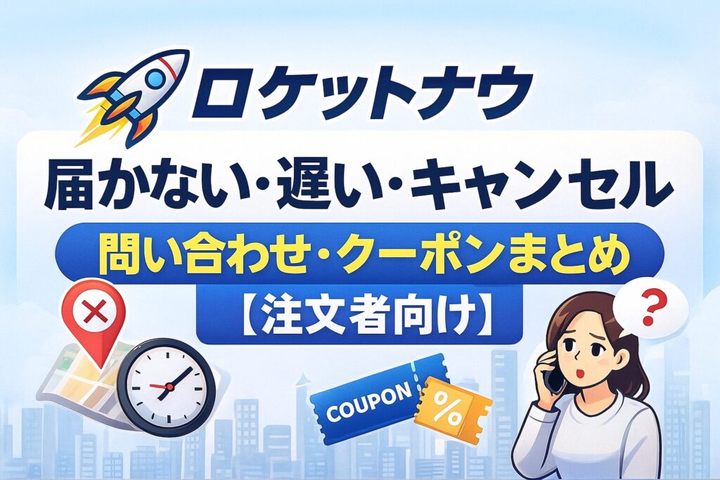 「ロケットナウの遅延・未配達・キャンセル問題をまとめた記事のアイキャッチ画像。タイトルが大きく配置され、ロケットナウを象徴する配達イラストが描かれている。」