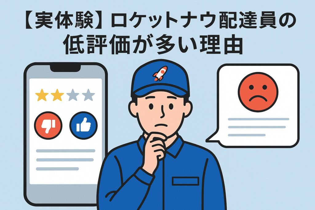 ロケットナウ配達員の低評価とメッセージ通知を分析するイメージ(スマホ画面にバッドアイコンとチャット通知)