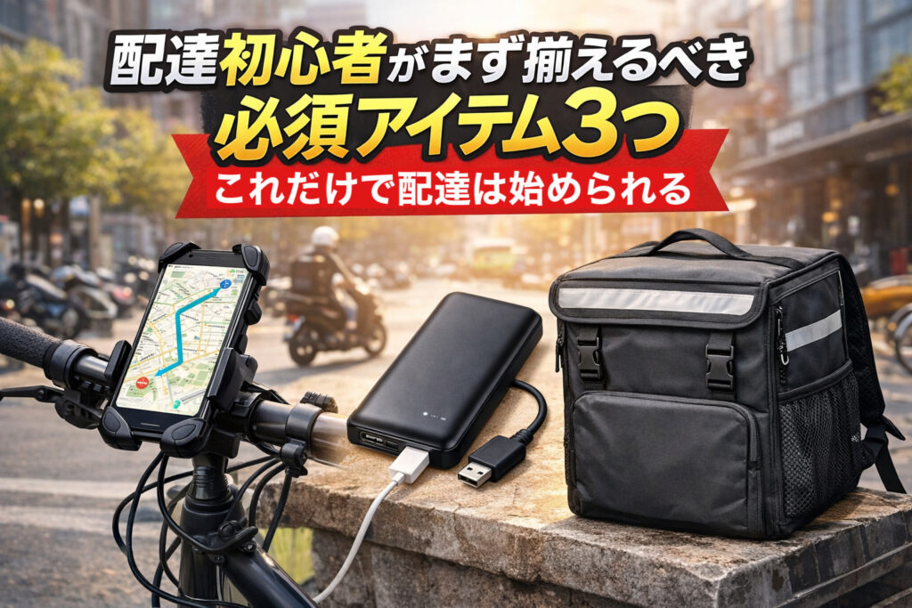 配達初心者がまず揃えるべき必須アイテム3つを解説するアイキャッチ画像