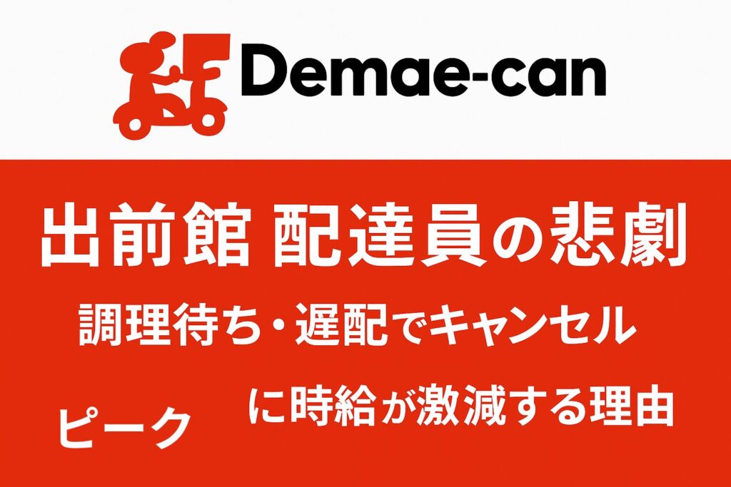 出前館の配達員向けに「調理待ち・遅配でキャンセル不可」という問題を解説する記事用アイキャッチ画像。赤背景にタイトル文字入り。