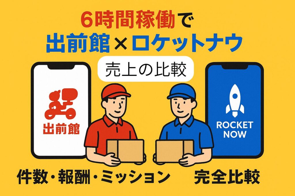 出前館とロケットナウの配達員が6時間稼働で配達している様子、ロケットナウはミッションで追加報酬あり