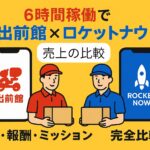 出前館とロケットナウの配達員が6時間稼働で配達している様子、ロケットナウはミッションで追加報酬あり