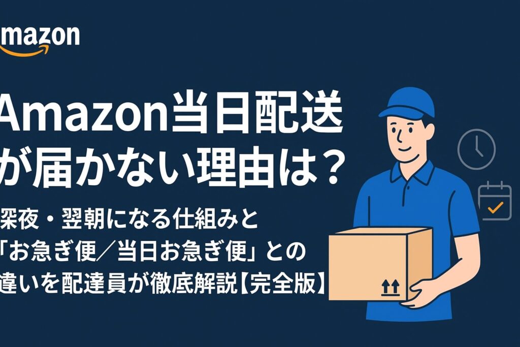 Amazon当日配送について解説するアイキャッチ画像。配達員が荷物を持っているイラストとカレンダー・時計アイコン、タイトル「Amazon当日配送が届かない理由は?深夜・翌朝になる仕組みとお急ぎ便/当日お急ぎ便との違いを配達員が徹底解説【完全版】」が表示されている。