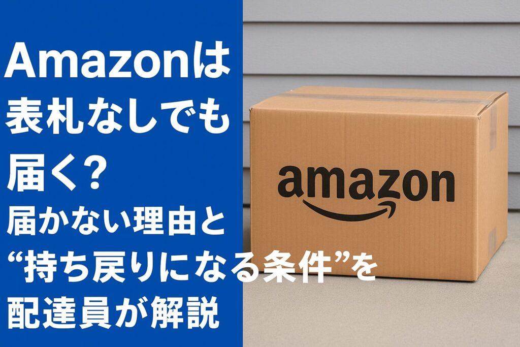 Amazonの荷物が表札なしの家に届くかを解説する記事用アイキャッチ画像。Amazonのダンボール箱と記事タイトルテキストが配置されている。