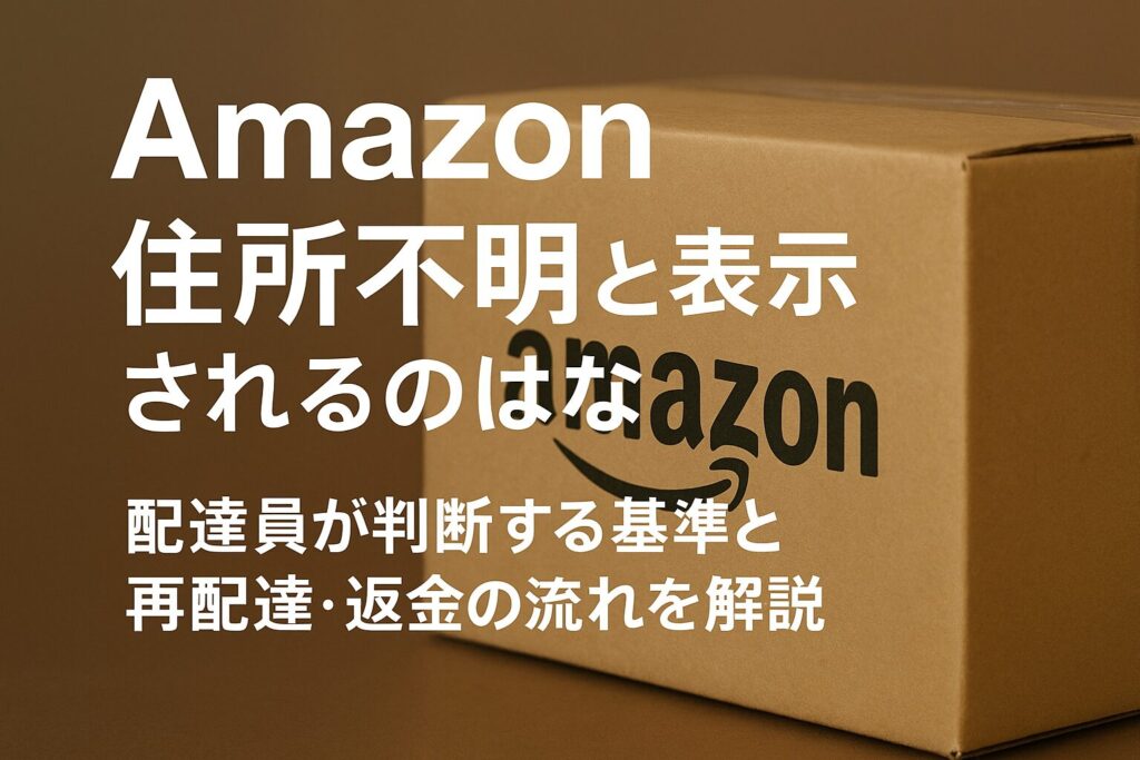 Amazonの配送で「住所不明」と表示される原因を解説する記事のアイキャッチ画像。Amazonの荷物と配送トラブルを示すイメージ。