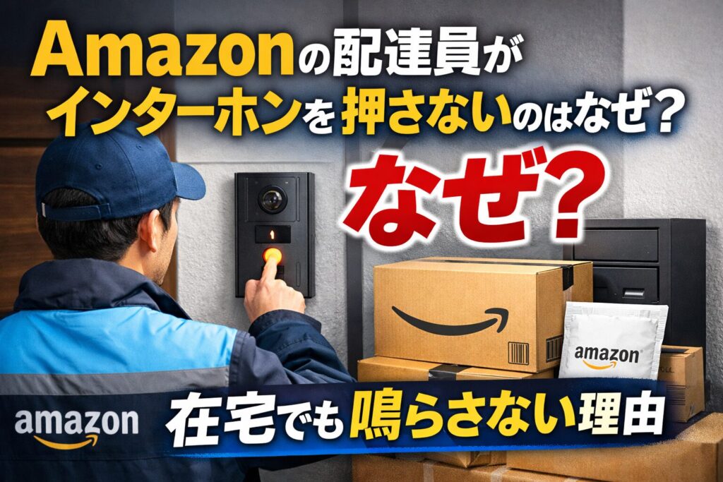 Amazonの配達員がインターホンを押さない理由を解説するアイキャッチ画像｜在宅でも鳴らさないケースを表現