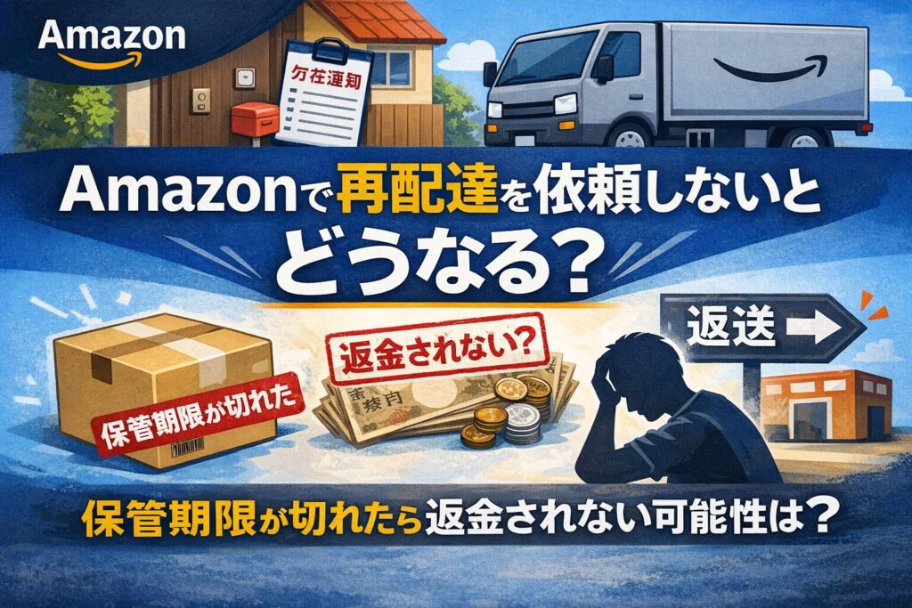 Amazonで再配達を依頼しない場合に、保管期限切れや返送、返金の有無がどうなるのかをイメージしたアイキャッチ画像