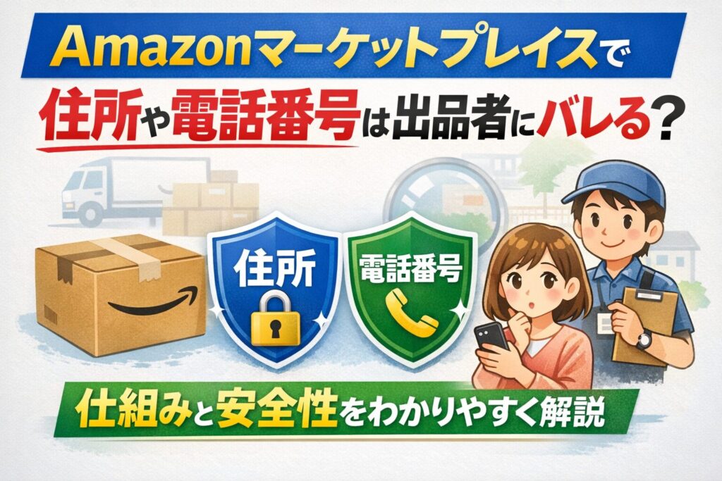 Amazonマーケットプレイスで住所や電話番号が出品者に共有される仕組みと安全性を解説したアイキャッチ画像