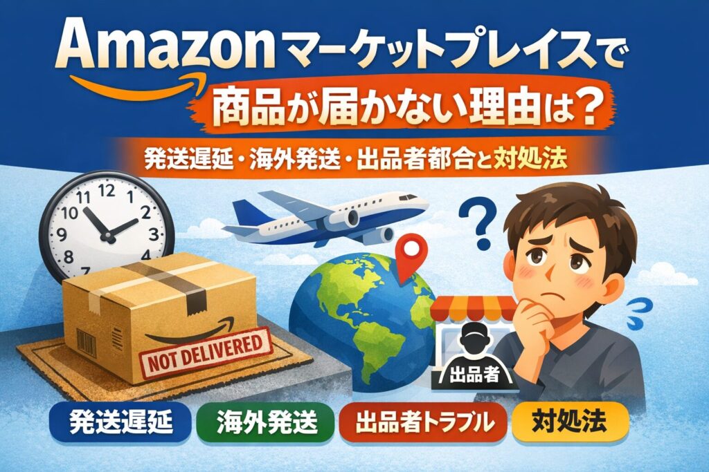 Amazonマーケットプレイスで商品が届かない理由を、発送遅延・海外発送・出品者都合の視点から解説するアイキャッチ画像