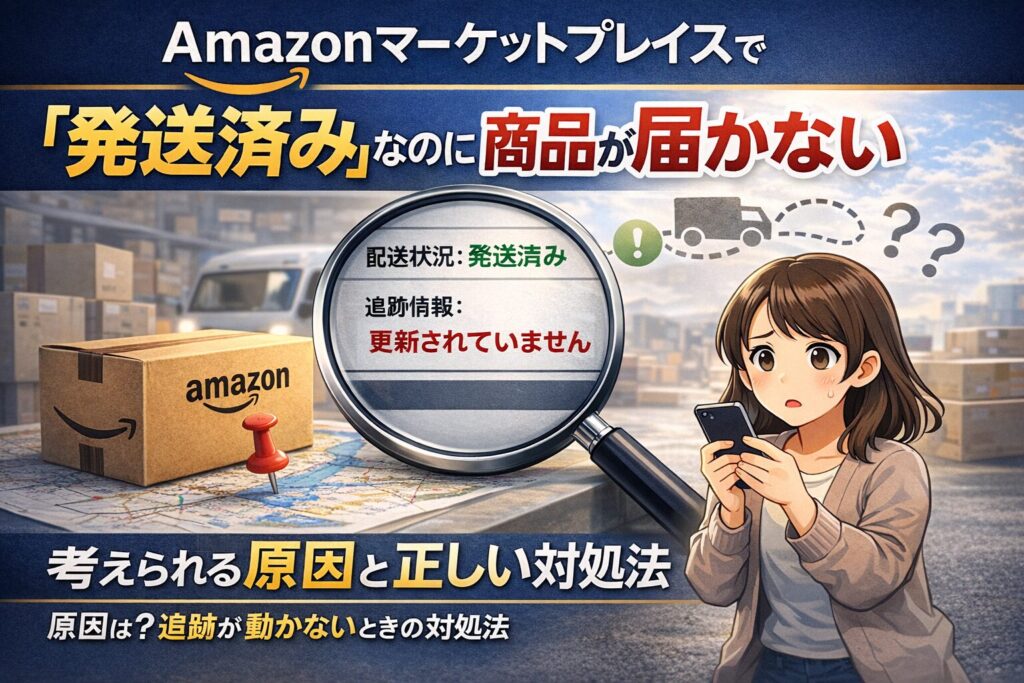Amazonマーケットプレイスで発送済みと表示されているのに商品が届かず、追跡情報が更新なしの配送状況を表したアイキャッチ画像