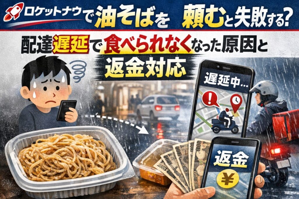 ロケットナウで油そばを注文した際に、配達遅延が原因で食べられなくなり返金対応を受けた事例を解説するアイキャッチ画像