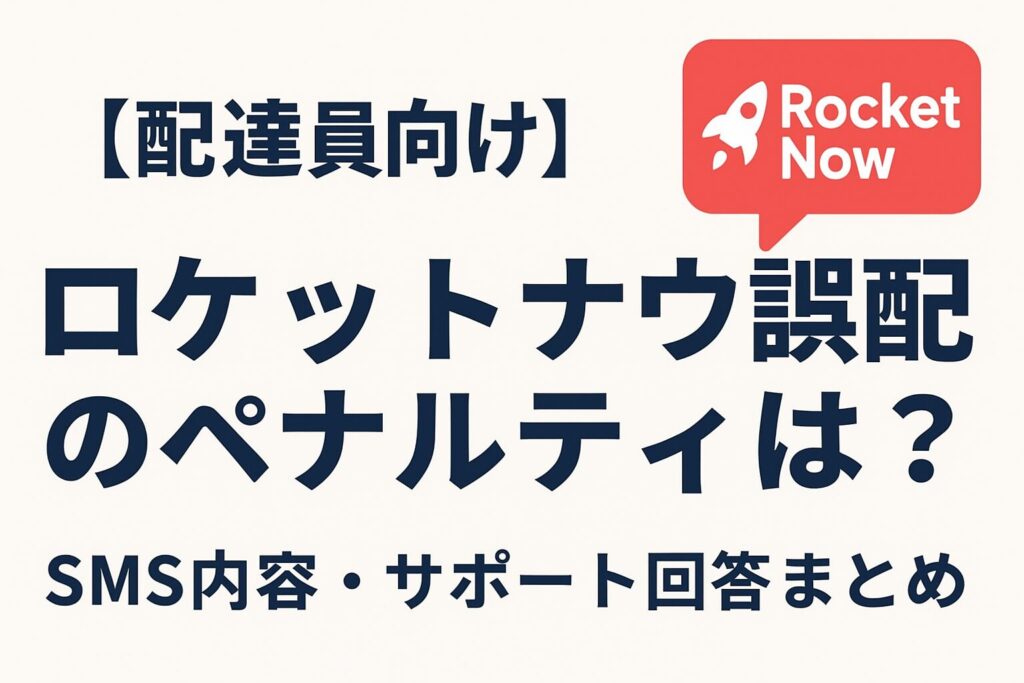 ロケットナウの誤配ペナルティ解説アイキャッチ画像。タイトル「【配達員向け】ロケットナウ誤配のペナルティは？SMS内容・サポート回答まとめ」とロケットナウのロゴ入り。