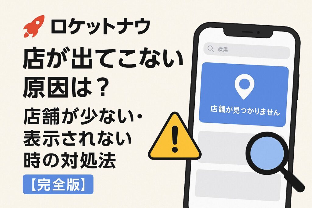 ロケットナウのアプリ画面で店舗一覧が表示されない様子を示すイメージ。原因と対処法を解説する記事