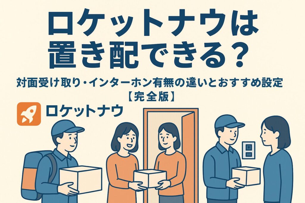 「ロケットナウの置き配に関する解説記事のアイキャッチ画像。玄関前に荷物を置くイメージとタイトル『ロケットナウは置き配できる？対面受け取り・インターホン有無の違いとおすすめ設定【完全版】』が表示されている。」