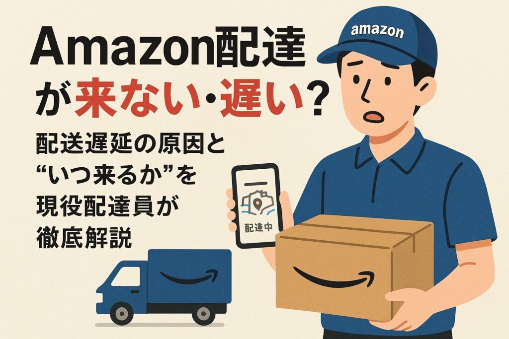 Amazon配達が来ない・遅い原因を解説する記事のアイキャッチ画像。Amazonの段ボールとスマホの地図アプリが描かれ、配達が遅延している様子を表現したイラスト。