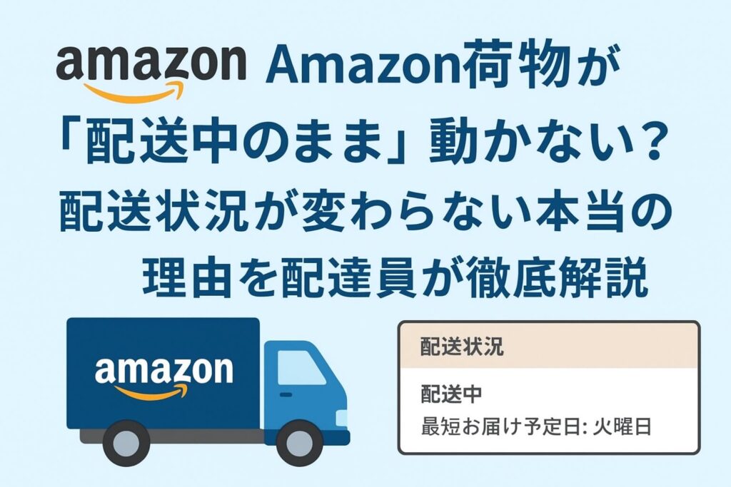 「Amazon荷物が配送中のまま動かない理由」を解説する記事タイトル入りアイキャッチ画像（Amazonトラックと配送状況画面のイラスト）