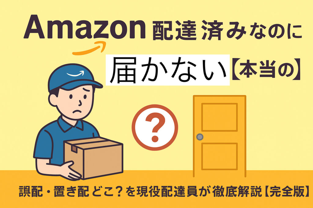 Amazonの荷物が「配達済み」なのに届かない原因を説明するイメージ画像。配達員が困っている姿と玄関ドアのイラストが描かれている。