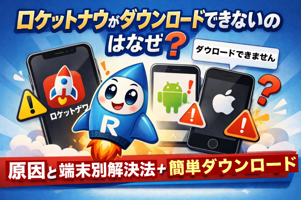 「ロケットナウのアプリがダウンロードできない原因と端末別解決法を示すアイキャッチ画像。スマホとAndroid、iPhoneのイラスト、警告マーク、青いロケットキャラクター、解決と簡単ダウンロードの文字入り。」