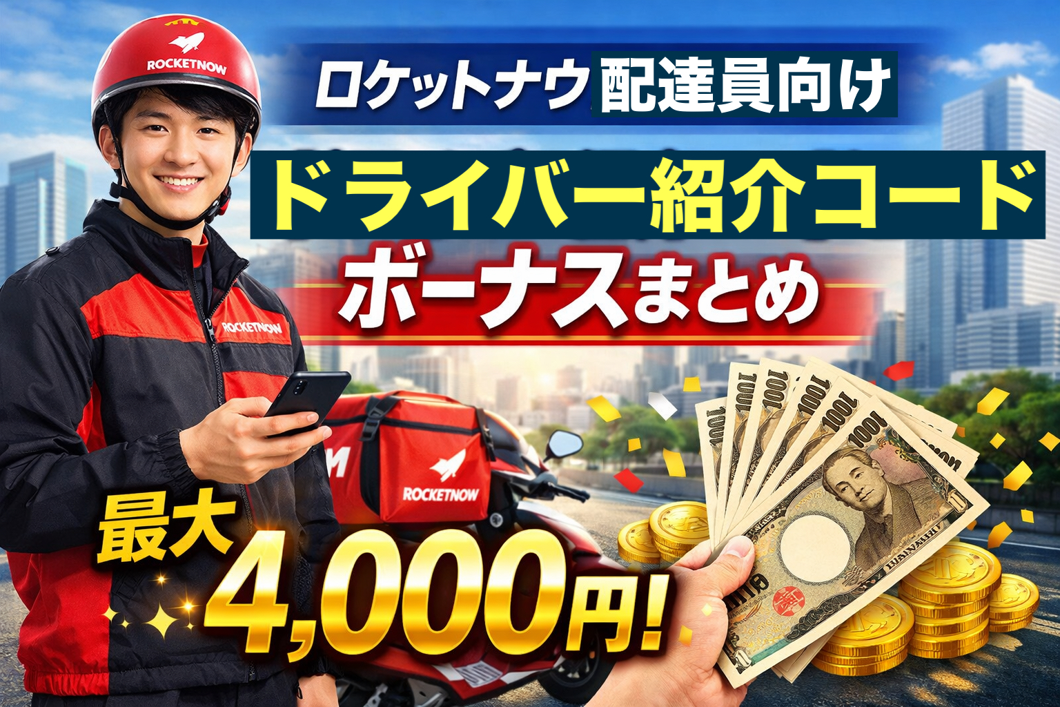 ロケットナウ配達員がスマホを手に持ち、バイクと配達バッグの前で笑顔。画面右には最大4,000円のボーナスを示す札とコインのイラスト。タイトル「ロケットナウ配達員向け｜ドライバー紹介コードとボーナスまとめ」が表示。