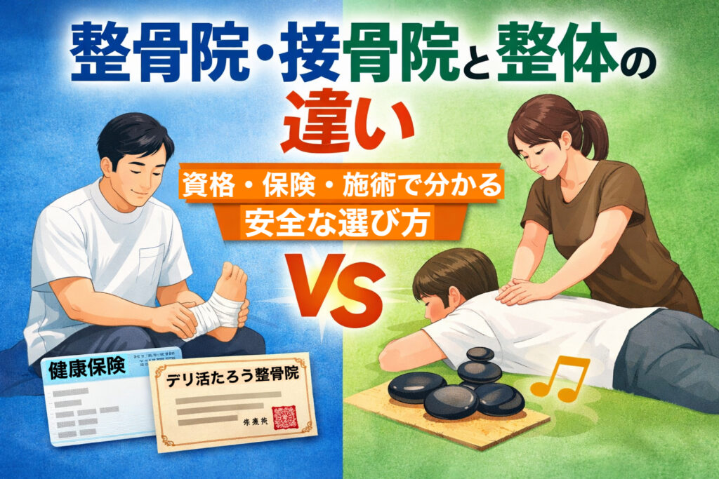 整骨院・接骨院と整体の違いを表現したイラスト。左に男性施術者が足に包帯を巻く整骨院のシーン、右に女性施術者が背中をマッサージする整体のシーン、中央に「VS」と表示。資格・保険・施術内容の違いを視覚的に比較。