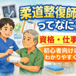 柔道整復師が高齢男性の腕を包帯で固定している様子。背景に骨格模型やレントゲン画像があり、「柔道整復師ってなに?資格・仕事内容を初心者向けにわかりやすく解説」というタイトルテキストが表示されている。