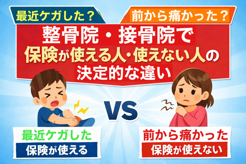 整骨院・接骨院で保険が使える人と使えない人の違いを、最近ケガした人と前から痛かった人の比較で示したイラスト